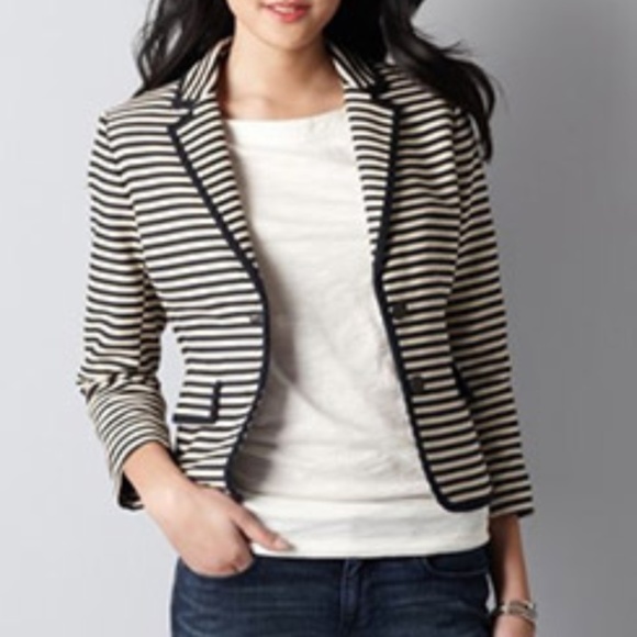 Loft Blazer Jacket Navy Ivory Striped Size 0 - Picture 1 of 10